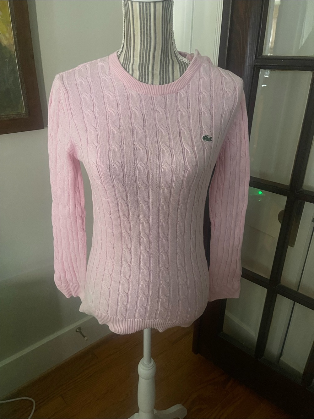 Lacoste Pastel Pink Cable Crewneck Sweater With Unique Button Shoulder